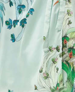 Women's Maxi Dress with Lace Details, V Neck, Flowy Mint Green Bird and Floral Print, Regular Fit, Liquorish