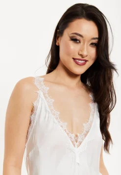 Women's Maxi Dress with Lace Detail, Deep V-Neck, Flowing Sleeves in White - Liquorish