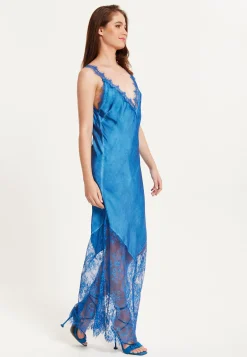 Women's Maxi Dress with Lace Detail, Deep V-Neck, and Ankle Length in Blue - Liquorish