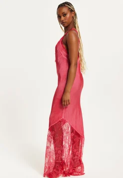 Women's Maxi Dress with Lace Detail and Deep V-Neck in Red, Regular to Loose Fit, Short Sleeves - Liquorish