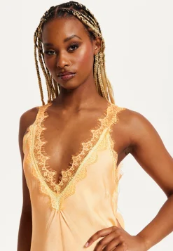 Women's Maxi Dress with Lace Detail, Deep V-Neck, Flowing Silhouette in Orange - Liquorish