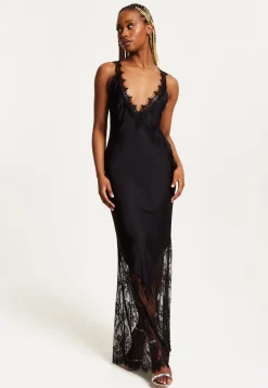 Women's Maxi Dress with Lace Detail, Deep V-Neck, and Flowing Silhouette in Black - Liquorish
