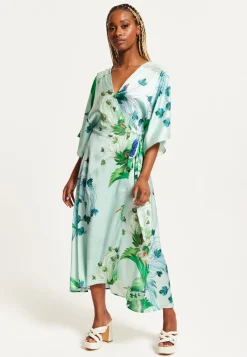 Women's Maxi Dress with Lace Details, V Neck, Flowy Mint Green Bird and Floral Print, Regular Fit, Liquorish