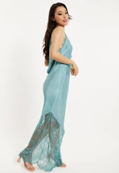 Women's Maxi Dress with Lace Detail V-Neck and Short Sleeves in Sage Blue - Liquorish