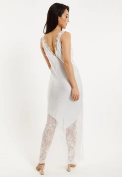 Women's Maxi Dress with Lace Detail, Deep V-Neck, Flowing Sleeves in White - Liquorish