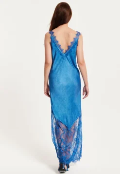 Women's Maxi Dress with Lace Detail, Deep V-Neck, and Ankle Length in Blue - Liquorish