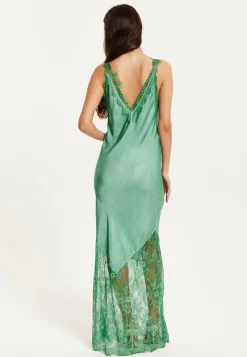 Women's Maxi Dress with Lace Details, Deep V-Neck, Sleeveless in Dark Green - Liquorish