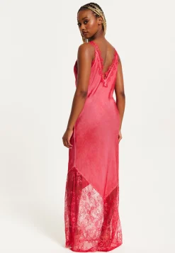 Women's Maxi Dress with Lace Detail and Deep V-Neck in Red, Regular to Loose Fit, Short Sleeves - Liquorish