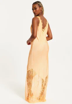 Women's Maxi Dress with Lace Detail, Deep V-Neck, Flowing Silhouette in Orange - Liquorish