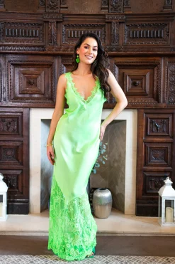 Women's Maxi Dress with Lace Detailing, Deep V-Neck and Sleeveless Design in Green - Liquorish