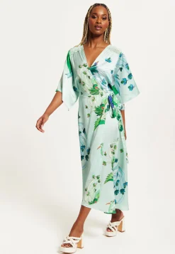 Women's Maxi Dress with Lace Details, V Neck, Flowy Mint Green Bird and Floral Print, Regular Fit, Liquorish