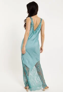Women's Maxi Dress with Lace Detail V-Neck and Short Sleeves in Sage Blue - Liquorish