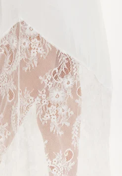 Women's Maxi Dress with Lace Detail, Deep V-Neck, Flowing Sleeves in White - Liquorish