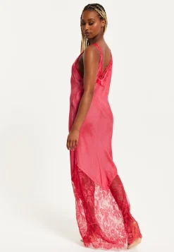 Women's Maxi Dress with Lace Detail and Deep V-Neck in Red, Regular to Loose Fit, Short Sleeves - Liquorish