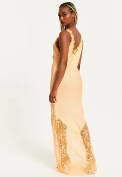 Women's Maxi Dress with Lace Detail, Deep V-Neck, Flowing Silhouette in Orange - Liquorish