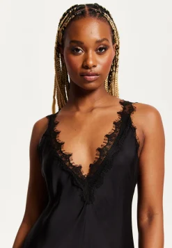 Women's Maxi Dress with Lace Detail, Deep V-Neck, and Flowing Silhouette in Black - Liquorish