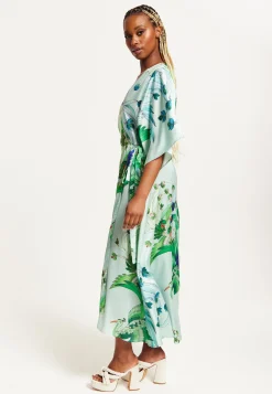 Women's Maxi Dress with Lace Details, V Neck, Flowy Mint Green Bird and Floral Print, Regular Fit, Liquorish