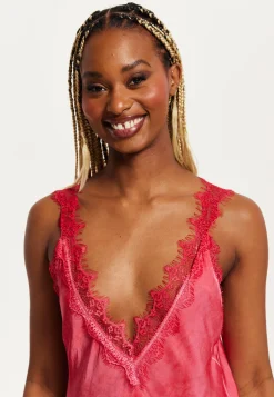 Women's Maxi Dress with Lace Detail and Deep V-Neck in Red, Regular to Loose Fit, Short Sleeves - Liquorish
