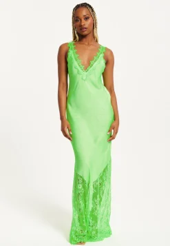 Women's Maxi Dress with Lace Detailing, Deep V-Neck and Sleeveless Design in Green - Liquorish