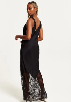 Women's Maxi Dress with Lace Detail, Deep V-Neck, and Flowing Silhouette in Black - Liquorish