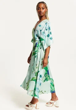 Women's Maxi Dress with Lace Details, V Neck, Flowy Mint Green Bird and Floral Print, Regular Fit, Liquorish