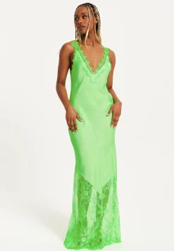 Women's Maxi Dress with Lace Detailing, Deep V-Neck and Sleeveless Design in Green - Liquorish