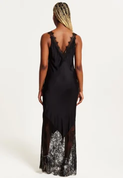 Women's Maxi Dress with Lace Detail, Deep V-Neck, and Flowing Silhouette in Black - Liquorish