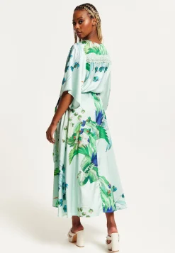 Women's Maxi Dress with Lace Details, V Neck, Flowy Mint Green Bird and Floral Print, Regular Fit, Liquorish