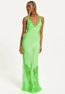Women's Maxi Dress with Lace Detailing, Deep V-Neck and Sleeveless Design in Green - Liquorish