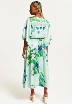 Women's Maxi Dress with Lace Details, V Neck, Flowy Mint Green Bird and Floral Print, Regular Fit, Liquorish