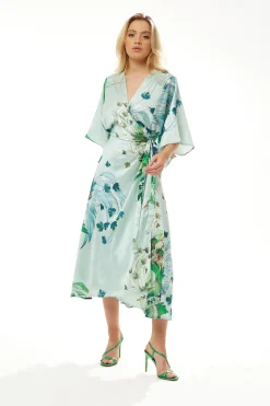 Women's Maxi Dress with Lace Details, V Neck, Flowy Mint Green Bird and Floral Print, Regular Fit, Liquorish