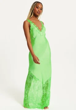 Women's Maxi Dress with Lace Detailing, Deep V-Neck and Sleeveless Design in Green - Liquorish