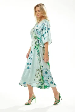Women's Maxi Dress with Lace Details, V Neck, Flowy Mint Green Bird and Floral Print, Regular Fit, Liquorish