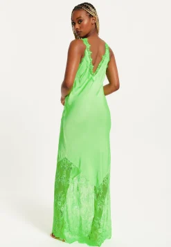 Women's Maxi Dress with Lace Detailing, Deep V-Neck and Sleeveless Design in Green - Liquorish