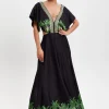 Women's Maxi Dress with Leaf Print, V-Neck, A-Line Fit, Back Detail, Sleeveless - Elegant Style by Liquorish