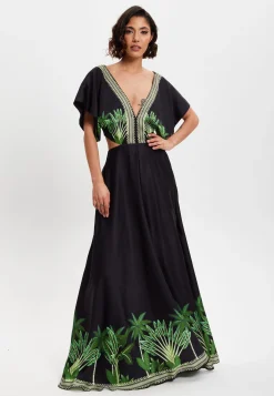 Women's Maxi Dress with Leaf Print, V-Neck, A-Line Fit, Back Detail, Sleeveless - Elegant Style by Liquorish