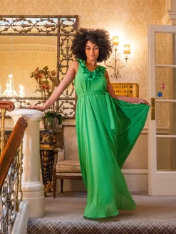 Women's Maxi Dress with Leaf Detail and Tie Waist in Green - Elegant Design by Liquorish