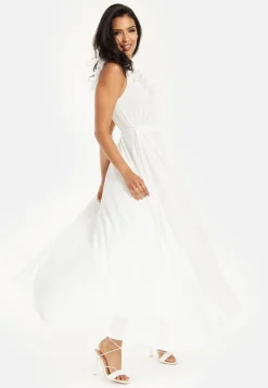 Women's Maxi Dress with Leaf Detail and Tie Waist in Off White - Stylish and Comfortable by Liquorish