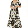 Women's Maxi Dress with Leaf Print, Button Up Front, Short Sleeves - Stylish and Comfortable, Liquorish