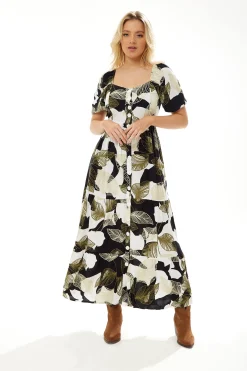 Women's Maxi Dress with Leaf Print, Button Up Front, Short Sleeves - Stylish and Comfortable, Liquorish