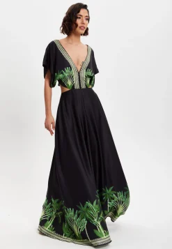 Women's Maxi Dress with Leaf Print, V-Neck, A-Line Fit, Back Detail, Sleeveless - Elegant Style by Liquorish