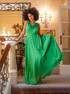 Women's Maxi Dress with Leaf Detail and Tie Waist in Green - Elegant Design by Liquorish