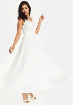 Women's Maxi Dress with Leaf Detail and Tie Waist in Off White - Stylish and Comfortable by Liquorish