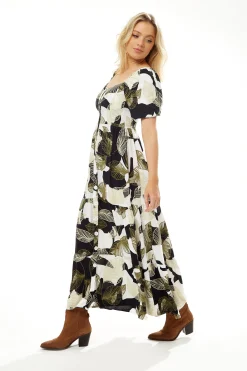 Women's Maxi Dress with Leaf Print, Button Up Front, Short Sleeves - Stylish and Comfortable, Liquorish