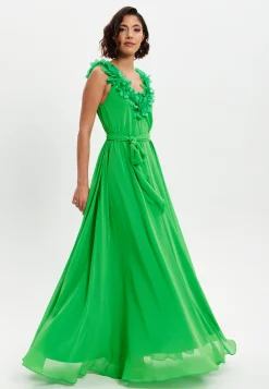 Women's Maxi Dress with Leaf Detail and Tie Waist in Green - Elegant Design by Liquorish