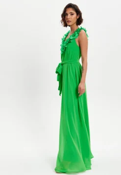 Women's Maxi Dress with Leaf Detail and Tie Waist in Green - Elegant Design by Liquorish