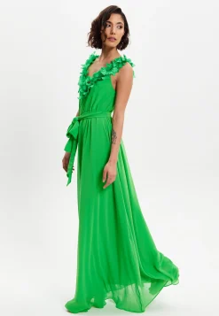 Women's Maxi Dress with Leaf Detail and Tie Waist in Green - Elegant Design by Liquorish