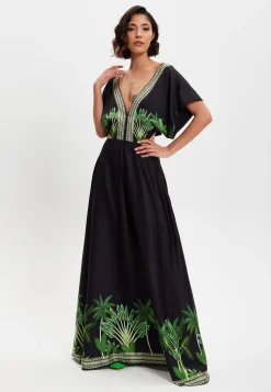 Women's Maxi Dress with Leaf Print, V-Neck, A-Line Fit, Back Detail, Sleeveless - Elegant Style by Liquorish
