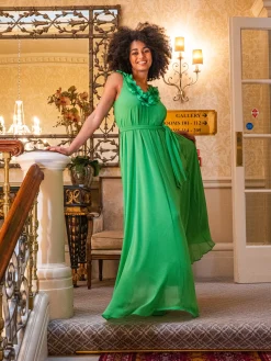 Women's Maxi Dress with Leaf Detail and Tie Waist in Green - Elegant Design by Liquorish