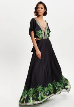 Women's Maxi Dress with Leaf Print, V-Neck, A-Line Fit, Back Detail, Sleeveless - Elegant Style by Liquorish